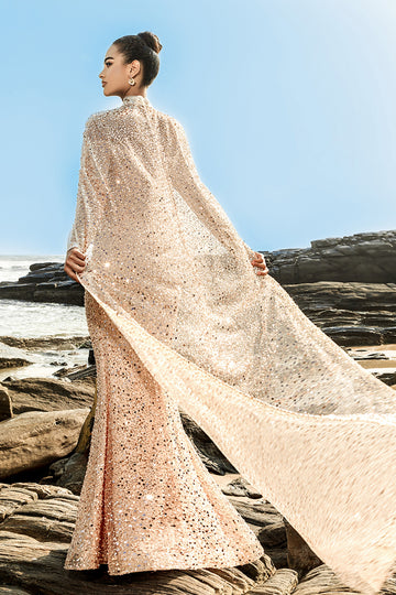 Suknia wieczorowa z odkrytymi ramionami szampana syrenka z koralikami